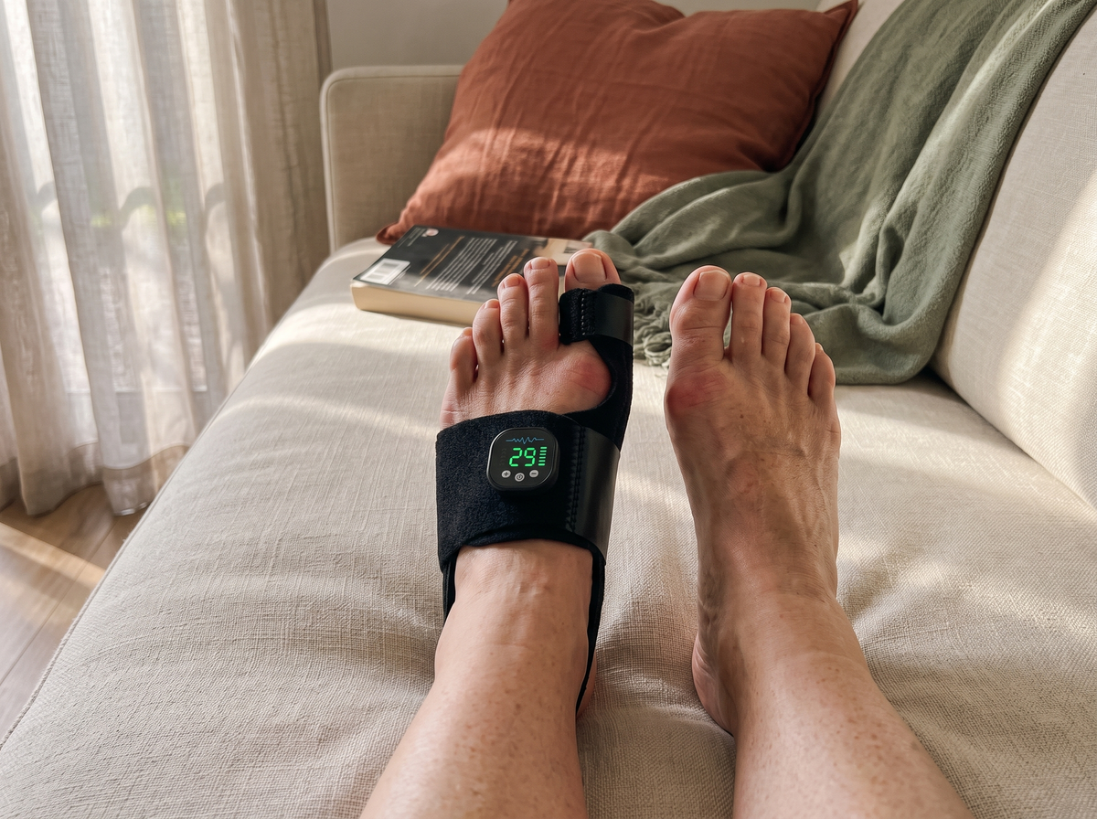 Bare feet resting on a cream linen sofa, one wearing the Myostep EMS bunion brace fitted across the instep, its control unit lit and reading 29.